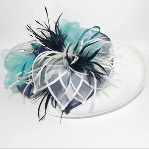 Kentucky Derby Oaks Hat White Aqua Navy Feathers